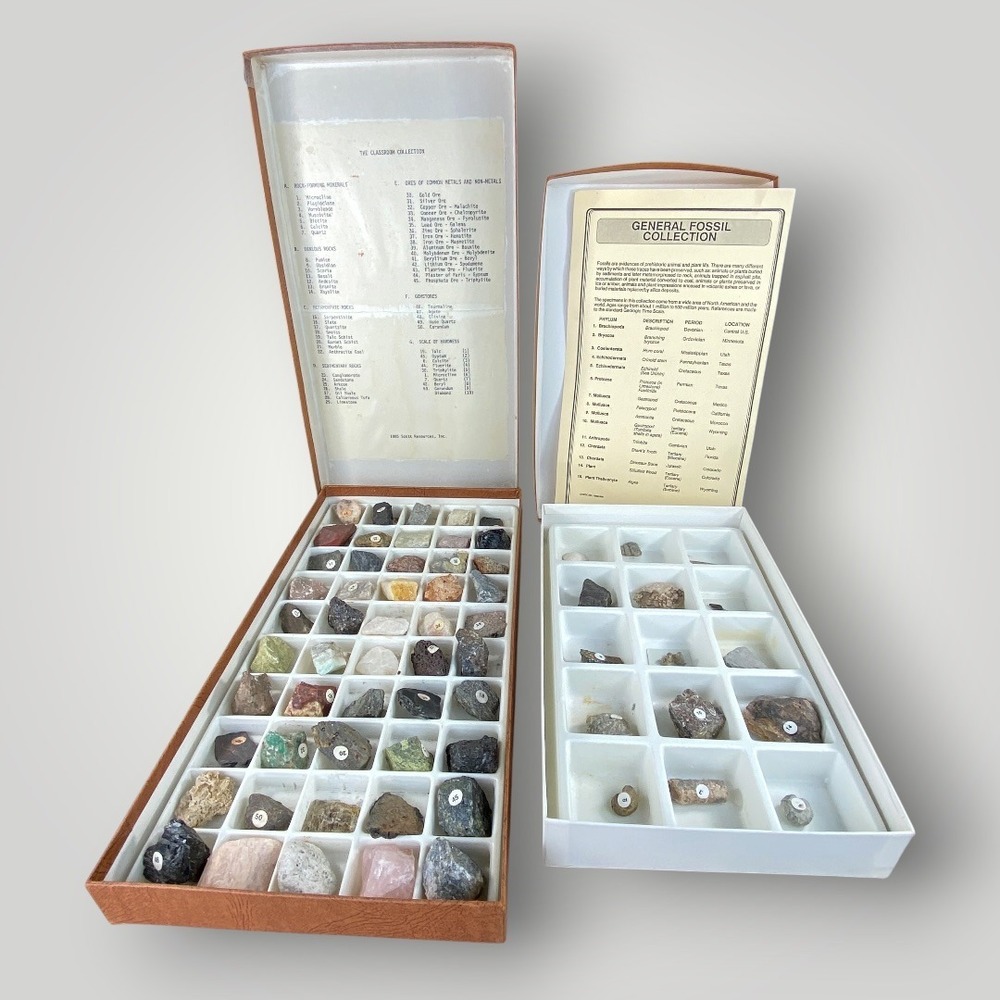 Rock Mineral Collection 50 AND Fossil Collection 15 Geology Education Sets 1985